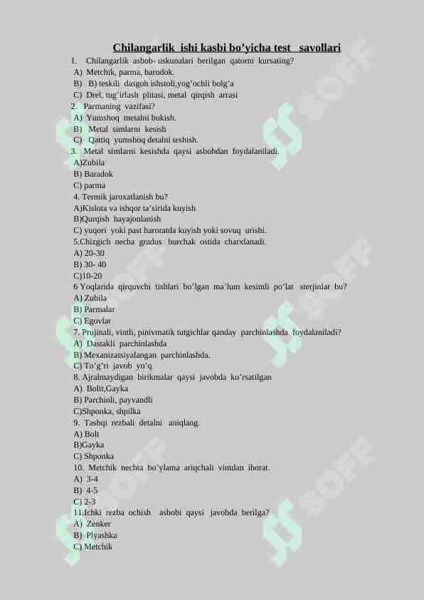 chilangarlik ishlari fanidan test
