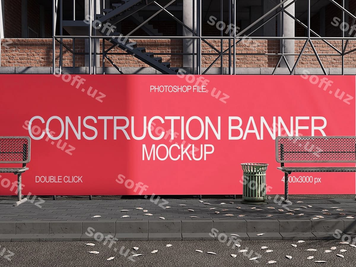 Qurilish baneri namunasi shahar yo'ri | Construction banner mockup urban sidewalk