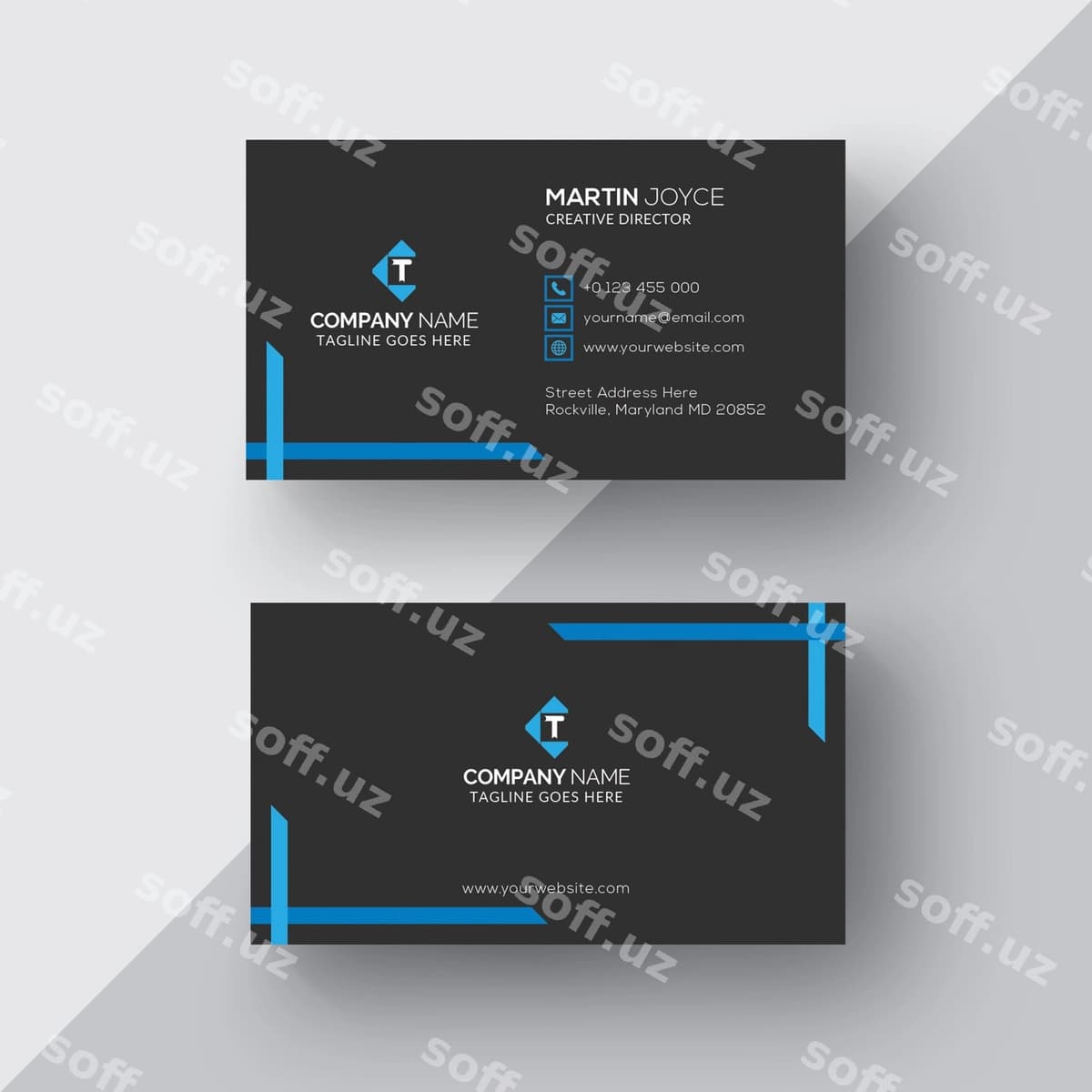Korporativ qora biznes kartochka ko'k bilan | Corporate black business card with blue