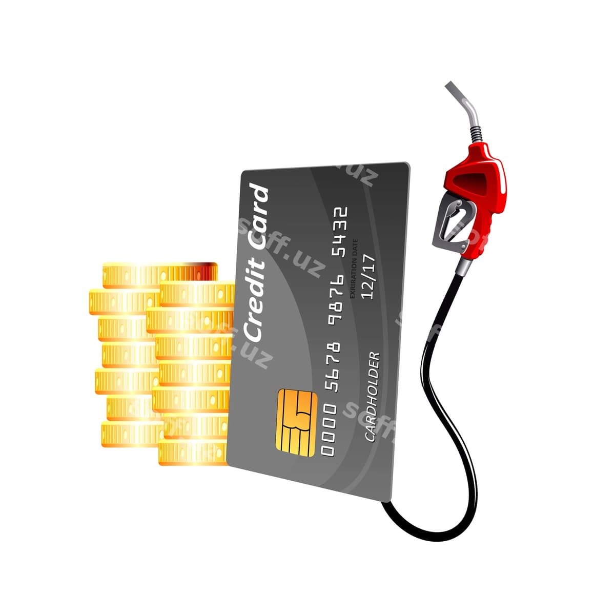 Kredit karta gaz pompa sustigi tangalari bilan | Credit card with gas pump nozzle coins