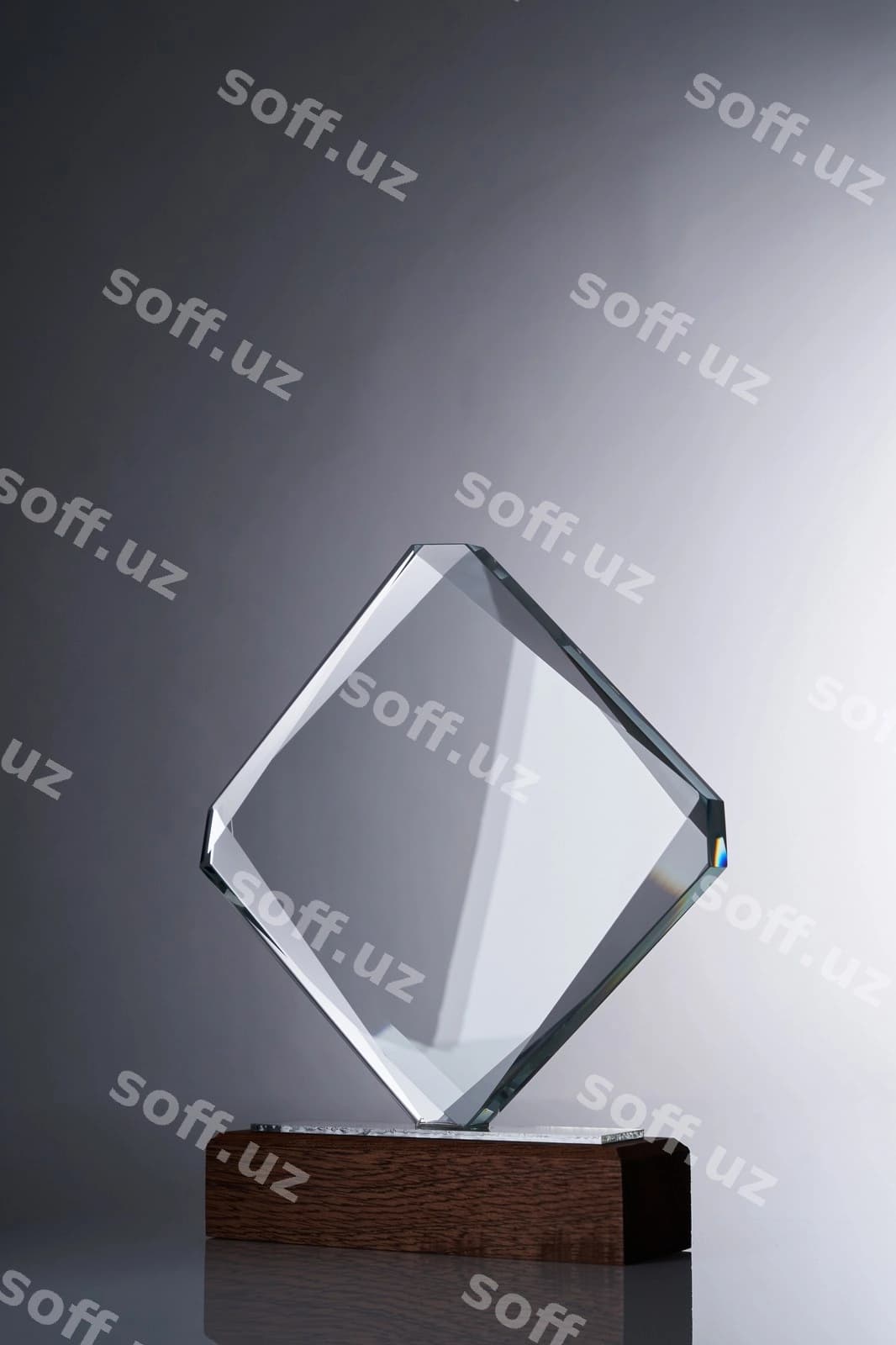 Kristall sohibi kulrang orqa fonga | Crystal trophy against gray background