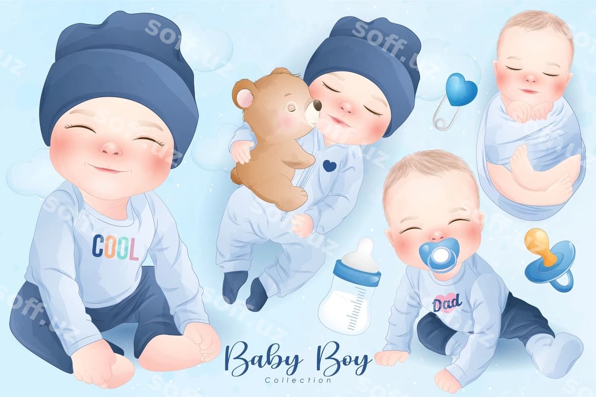 Chiroyli bolalar o'g'il akvaramel uslubi to'plami | Cute baby boy watercolor style collection