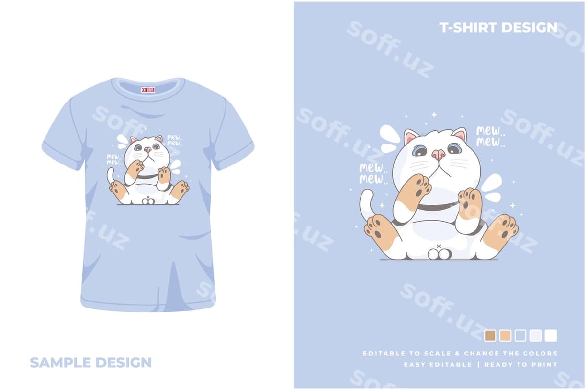 Chiroyli mushuk karykaturasining futbolka dizayni | Cute cat cartoon t shirt design