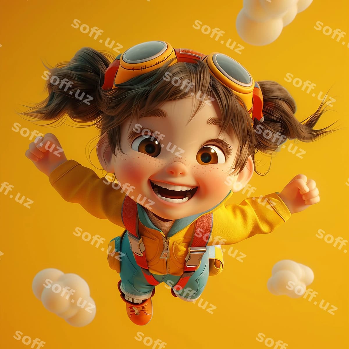 Chiroyli qiz baxtli havoda parvoz qilmoqda 3d render | Cute girl happily flying air 3d rendering