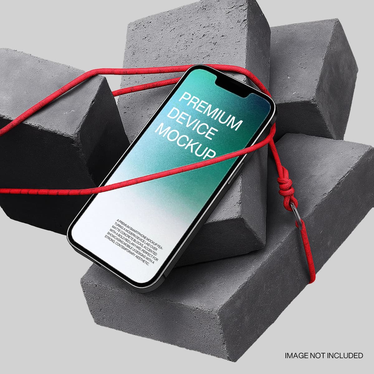 Qizil simli beton bloklari bilan smartfon maketi | Smartphone mockup with red cord concrete blocks