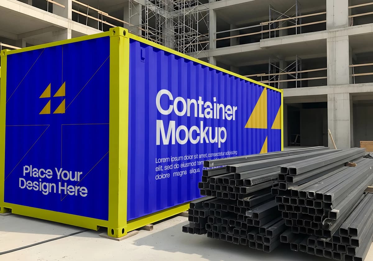 Moviy sariq yuk tashish konteyneri maketi qurilish maydonchasi | Blue yellow shipping container mockup construction site