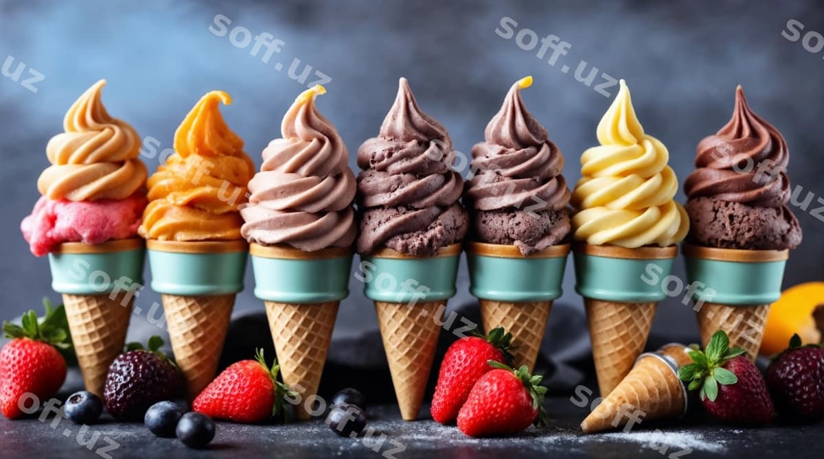 Mishar muz qatig'li konlarining ko'rinishi | Delicious ice cream cones array