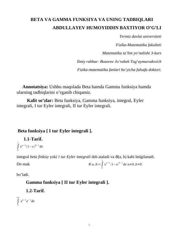 BETA VA GAMMA FUNKSIYA VA UNING TADBIQLARI