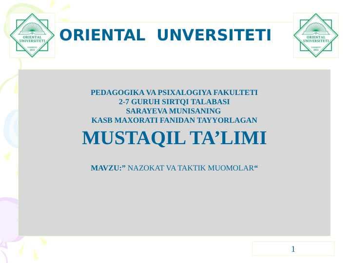 NAZOKAT VA TAKTIK MUOMOLAR