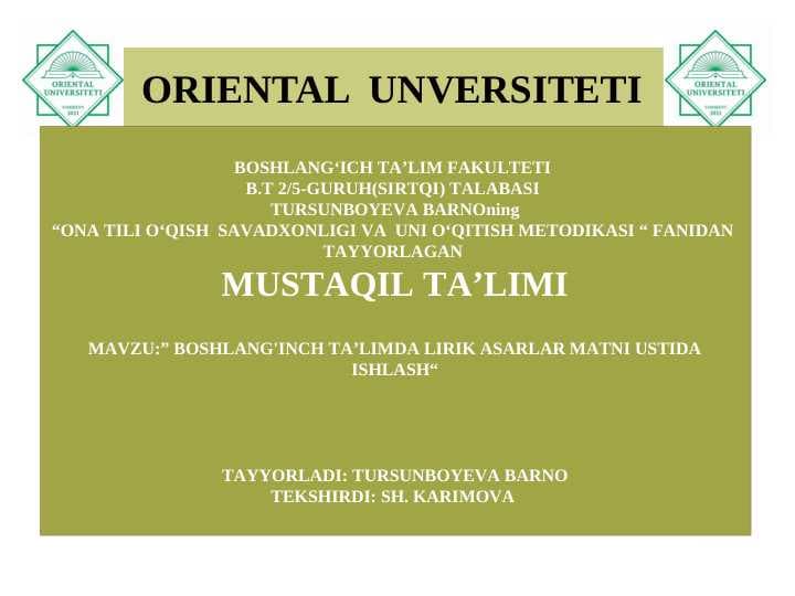 BOSHLANG'INCH TA’LIMDA LIRIK ASARLAR MATNI USTIDA ISHLASH