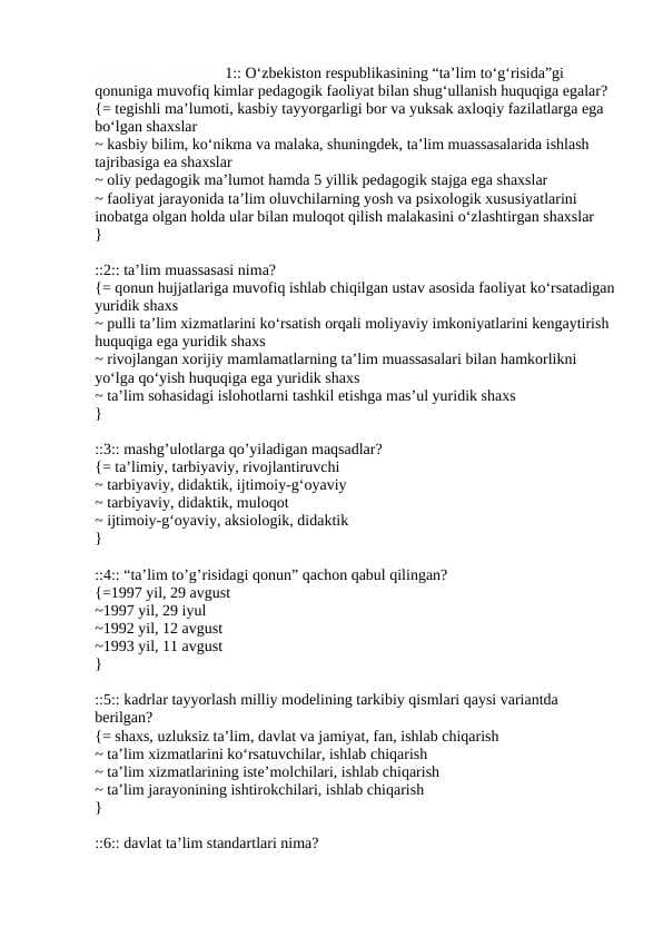 Inklyuziv ta'lim test javobi bilan birga