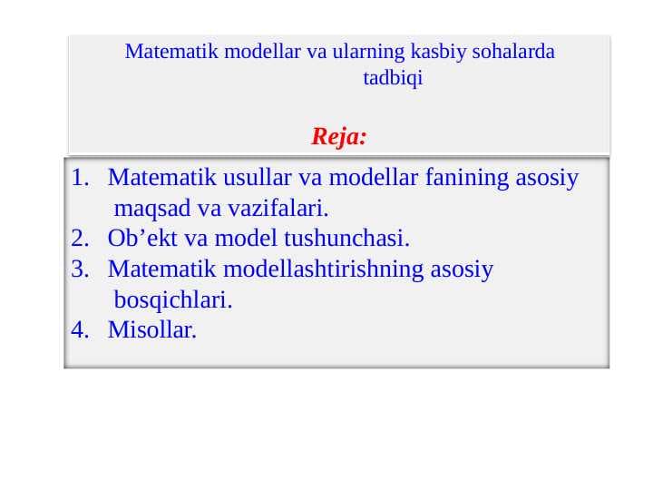 Matematik modellar va ularning kasbiy sohalarda tadbiqi