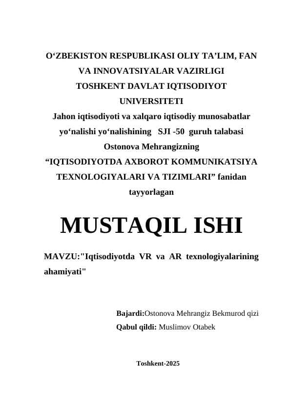 Iqtisodiyotda VR va AR texnologiyalarining ahamiyati