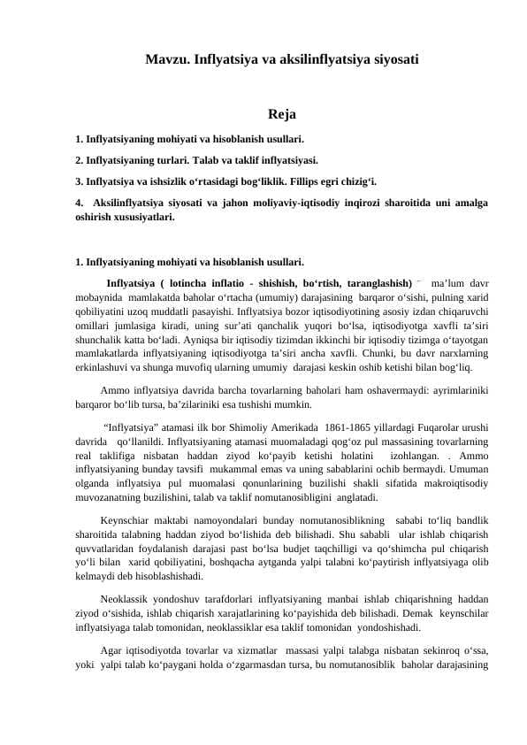 Inflyatsiya va aksilinflyatsiya siyosati