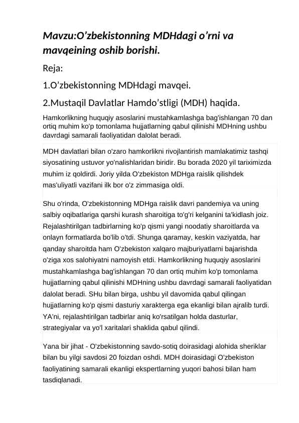 O’zbekistonning MDHdagi o’rni va mavqeining oshib borishi