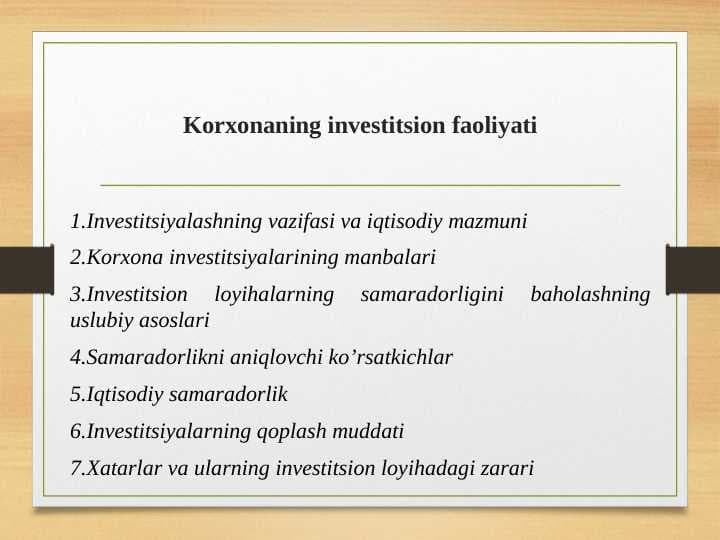 Korxonaning investitsion faoliyati