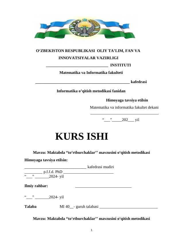 Maktabda “toʻrtburchaklar’’ mavzusini oʻqitish metodikasi