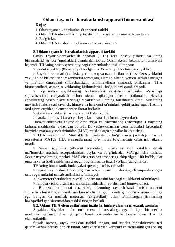Odam tayanch - harakatlanish apparati biomexanikasi.