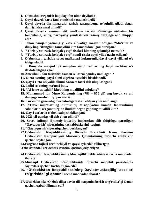 Oʻzbekiston yangi tarixidan sessiya test savollari