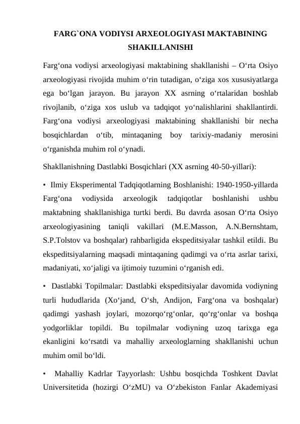 FARG`ONA VODIYSI ARXEOLOGIYASI MAKTABINING SHAKILLANISHI