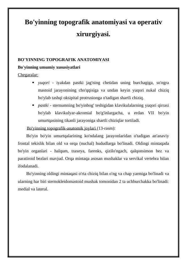 Bo'yinning topografik anatomiyasi va operativ xirurgiyasi