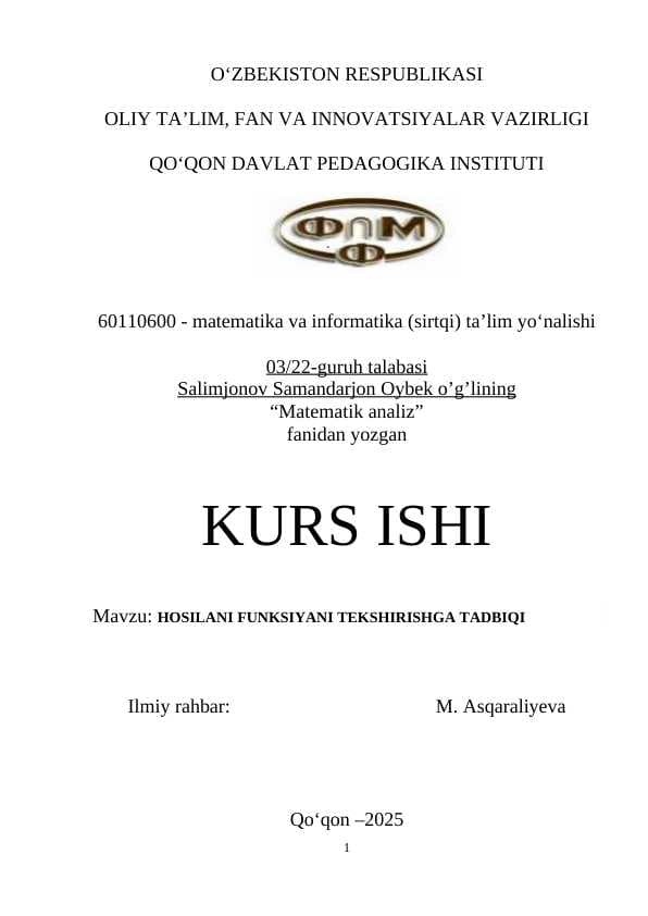 : HOSILANI FUNKSIYANI TEKSHIRISHGA TADBIQI