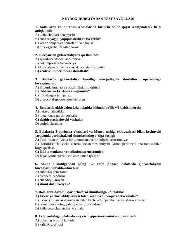 NEYROXIRURGIYADAN YAKUNIY TEST SAVOLLARI JAVOBLARI