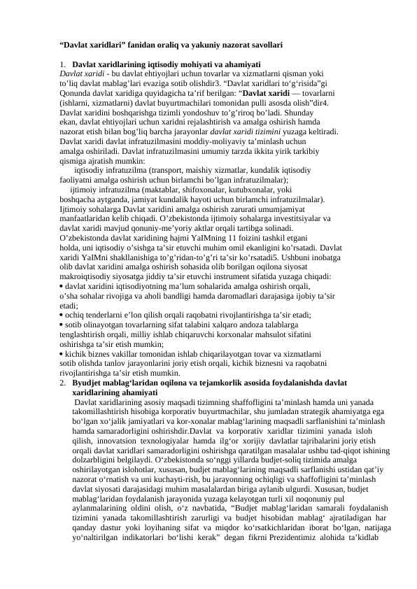 Davlat xaridlari Yakuniy savol javoblari