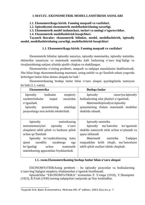 EKONOMETRIK MODELLASHTIRISH ASOSLARI