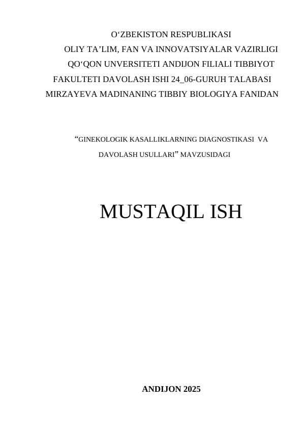 GINEKOLOGIK KASALLIKLARNING DIAGNOSTIKASI  VA DAVOLASH USULLARI