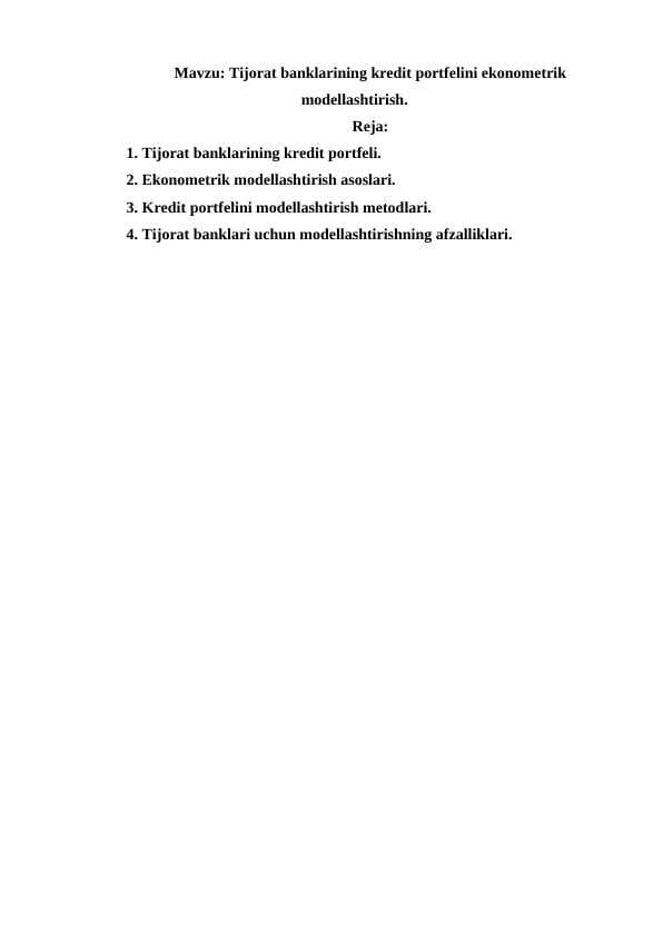 Tijorat banklarining kredit portfelini ekonometrik modellashtirish.