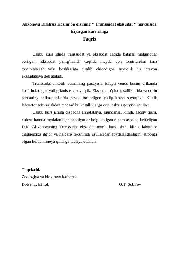 Transsudat ekssudat. TAQRIZ