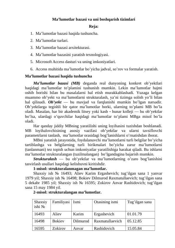 Ma’lumotlar bazasi va uni boshqarish tizimlari