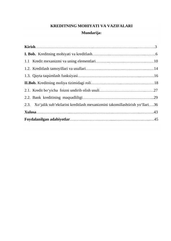 KREDITNING MOHIYATI VA VAZIFALARI