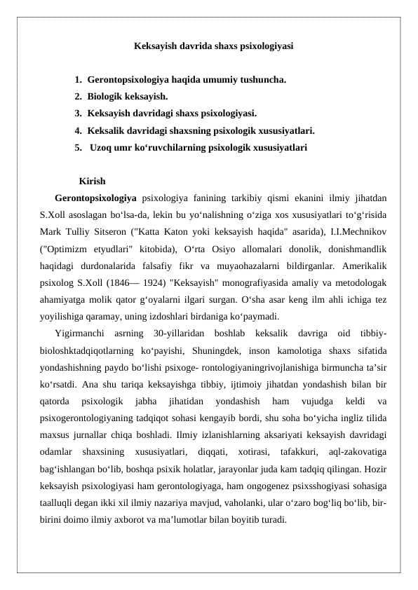 Keksayish davrida shaxs psixologiyasi