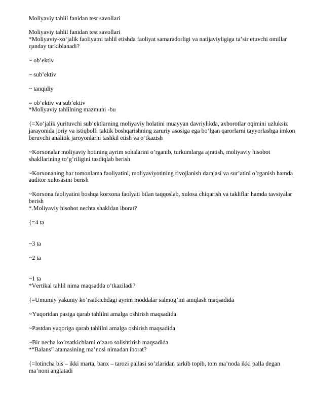 Moliyaviy tahlil fanidan test javoblari