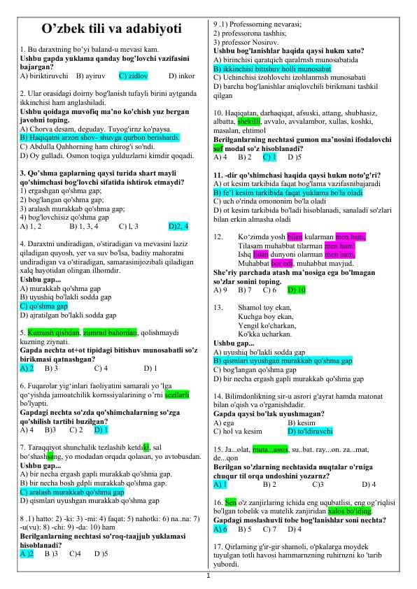 Ona tili fanidan test grammatika boʻyicha
