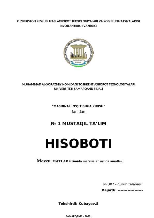 MATLAB tizimida matrisalar ustida amallar