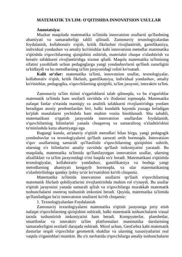 MATEMATIK TA'LIM: O'QITISHDA INNOVATSION USULLAR