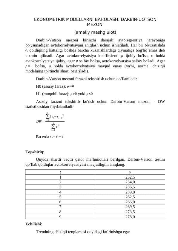 EKONOMETRIK MODELLARNI BAHOLASH: DARBIN-UOTSON MEZONI (amaliy mashg’ulot)