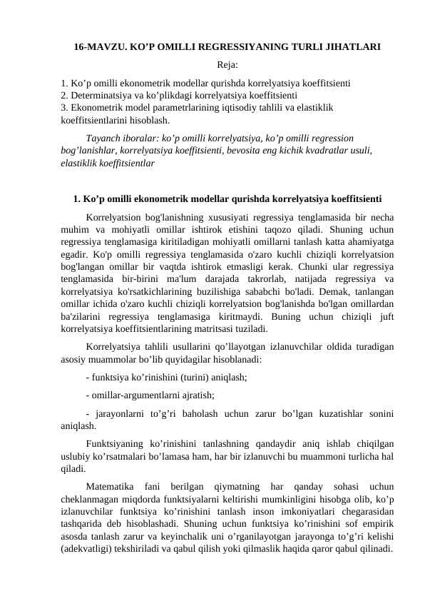 KO’P OMILLI REGRESSIYANING TURLI JIHATLARI