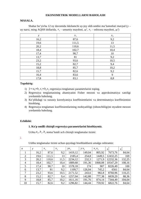 EKONOMETRIK MODELLARNI BAHOLASH