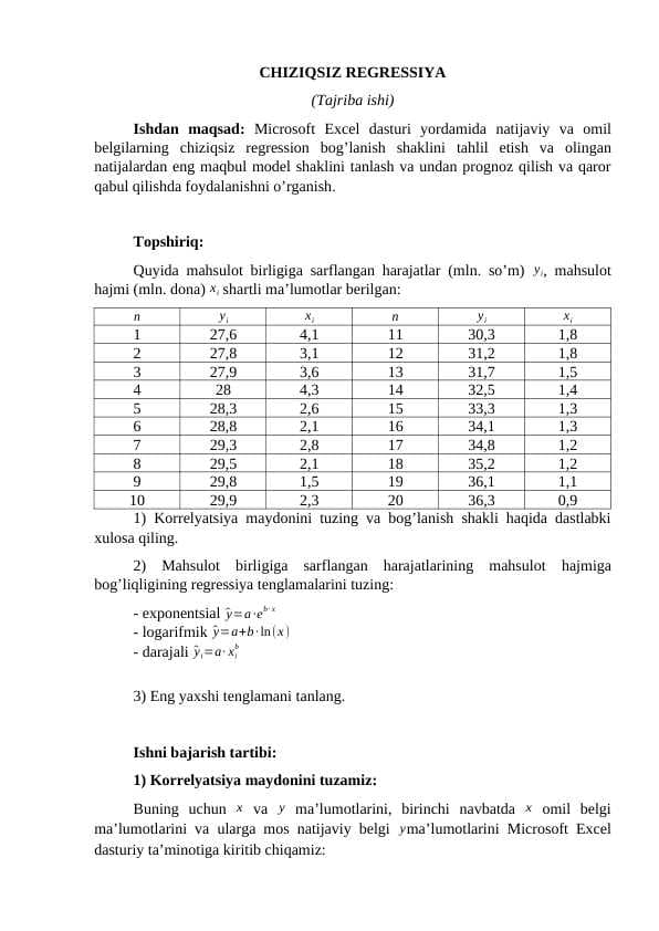 CHIZIQSIZ REGRESSIYA (Tajriba ishi)