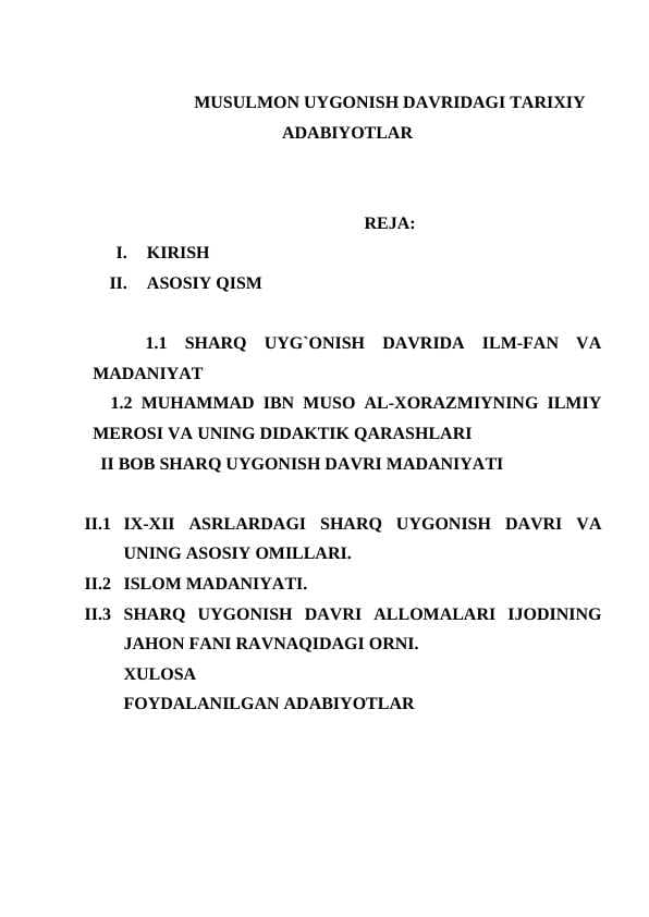MUSULMON UYGONISH DAVRIDAGI TARIXIY ADABIYOTLAR