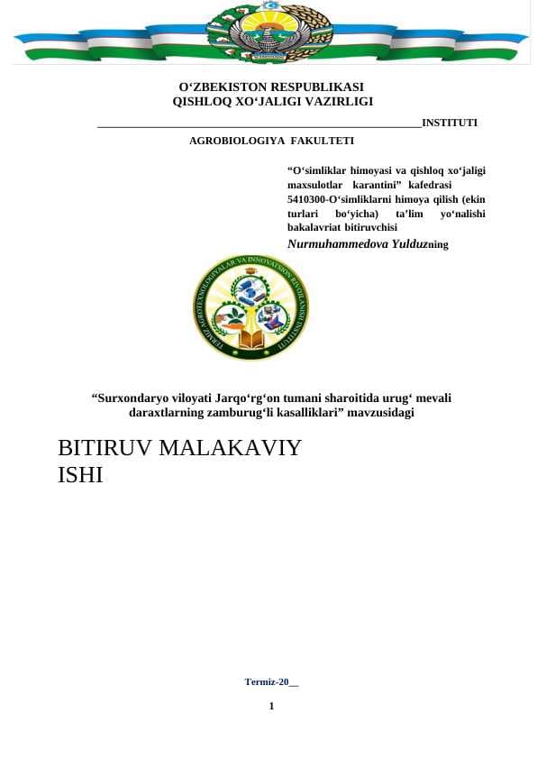 Surxondaryo viloyati Jarqo‘rg‘on tumani sharoitida urug‘ mevali daraxtlarning zamburug‘li kasalliklari