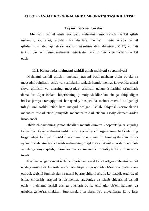 SANOAT KORXONALARIDA MEHNATNI TASHKIL ETISH