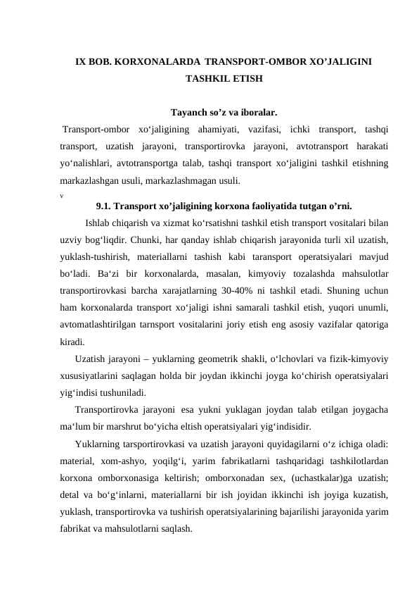 KORXONALARDA TRANSPORT-OMBOR XO’JALIGINI TASHKIL ETISH