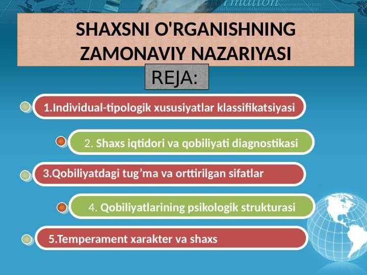 SHAXSNI O'RGANISHNING ZAMONAVIY NAZARIYASI