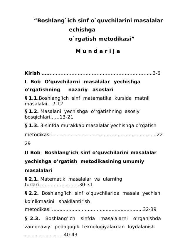 Boshlang`ich sinf o`quvchilarini masalalar echishga   o`rgatish metodikasi
