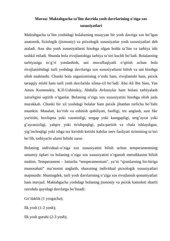 Maktabgacha ta’lim davrida yosh davrlarining o’ziga xos xususiyatlari konspekt